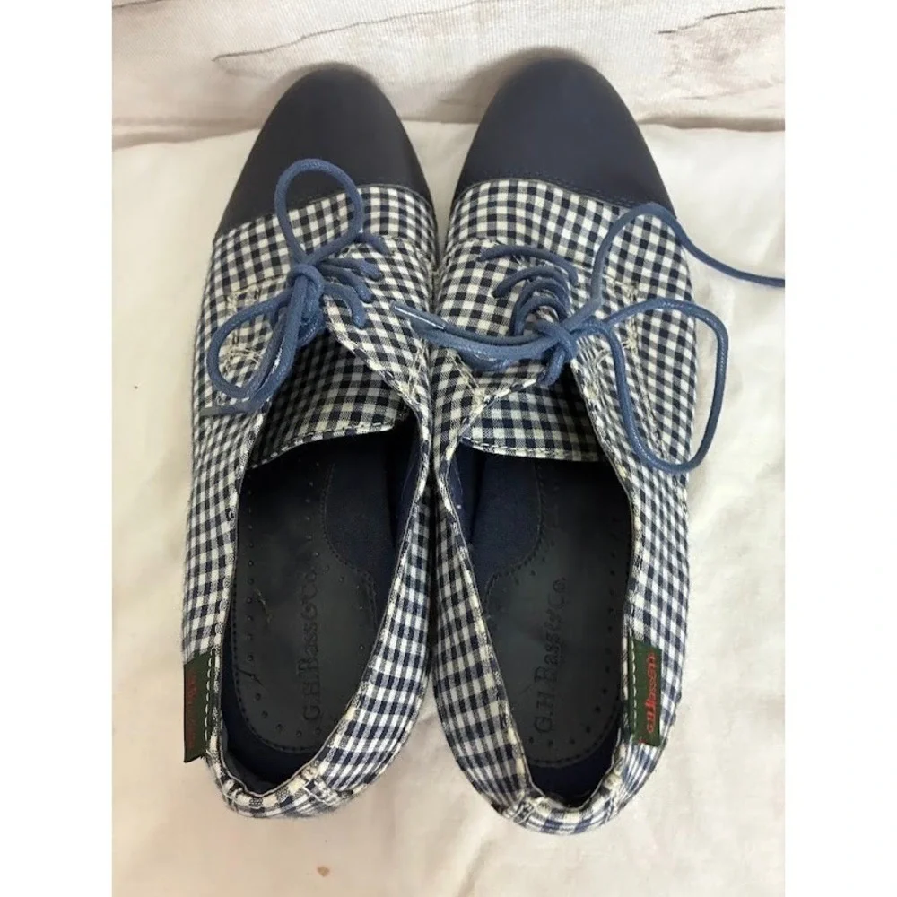 GH Bass & Co Evelyn Navy Gingham Cap Toe Oxford Shoes Womens 8M Lace Up Flats